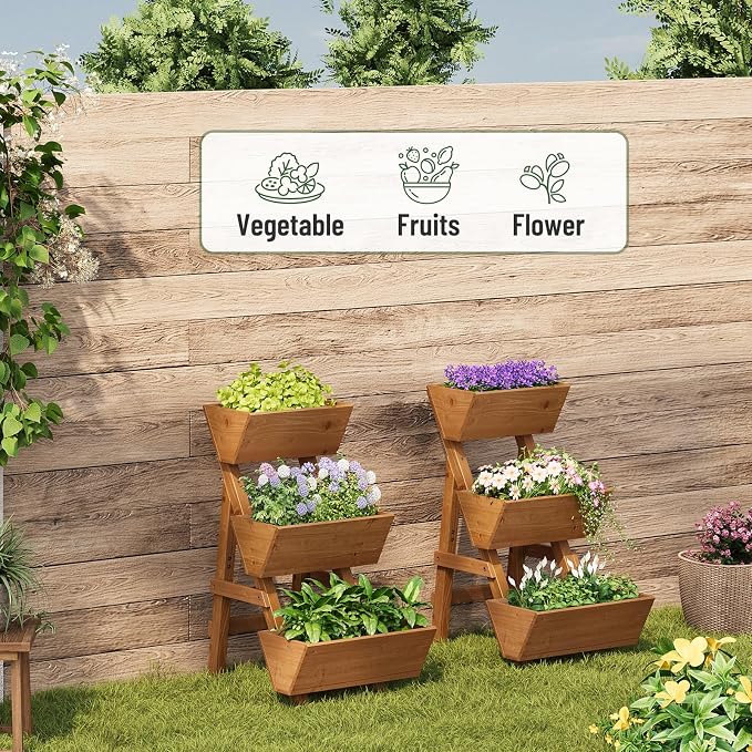 3-Tier Vertical Wooden Raised Garden Bed, Freestanding Garden Planter Box, Wood Flower Rack, Planter Box for Herbs, Vegetables, Outdoor Indoor Use, Small-Brown
