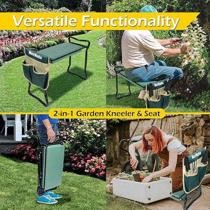MaxWorks 50921 Folding Garden Kneeler Stool with 8 inch Wide Kneeling Pad, with 1 Tools Pouch for Planting and Gardening (Pack of 2)