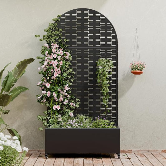 Casaphoria Metal Raised Garden Bed with Trellis and Wheels, 72"x35"x16" Arched Planter Box for Climbing Plants, Vegetables & Vines, Features Drainage Holes and Privacy Screen (Black-Brick)