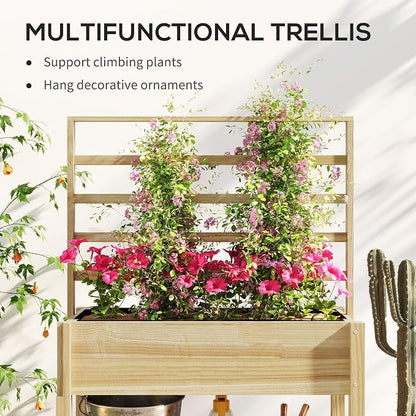 Outsunny Wooden Raised Garden Bed with Trellis, Elevated Planter Box with Storage Shelf, Drainage Holes and Liner, Outdoor Flower Box for Vegetables, Flowers, Herbs