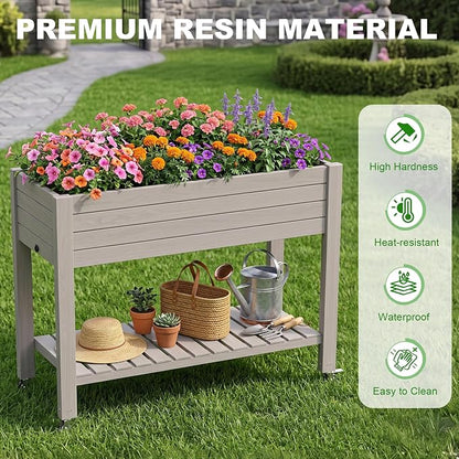 Elevated Resin Raised Garden Bed, 33.7in Height Raised Planter Box with Drainage Holes, Lockable Rotating Wheels & Bottom Storage Shelf, Stake Support, Easy Assembly for Patio Lawn Backyard Balcony