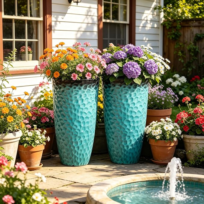 23.75" Turquoise Teal Plastic Tall Planters with Honeycomb Texture | Set of 2 PP tall planters with turquoise teal honeycomb texture, drainage plugs, and UV-treated finish for porch or patio