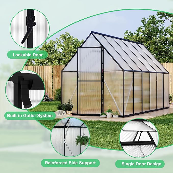 GarveeLife 6x11FT Aluminum Large Walk-in Greenhouses for Outside, Polycarbonate Greenhouse with Aluminum Frame, Greenhouse with Ventilation and Rain Gutter, Polycarbonate Greenhouses for Outdoors