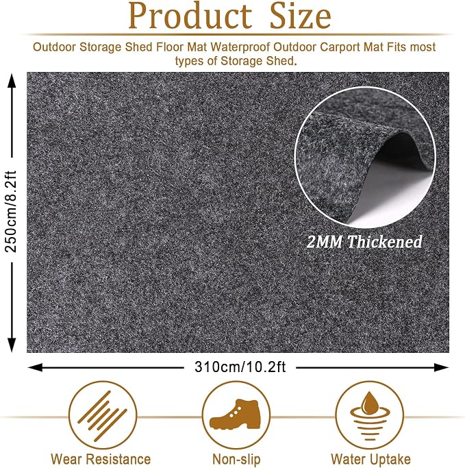 10.2 x 8.2 Ft Storage Shed Floor Mat—Waterproof PE Backing, 500g/㎡ Thick, Washable, Dustproof, and Anti-Slip Pad for Patio, Motorcycle, and Carport to Protect Flooring from Wear