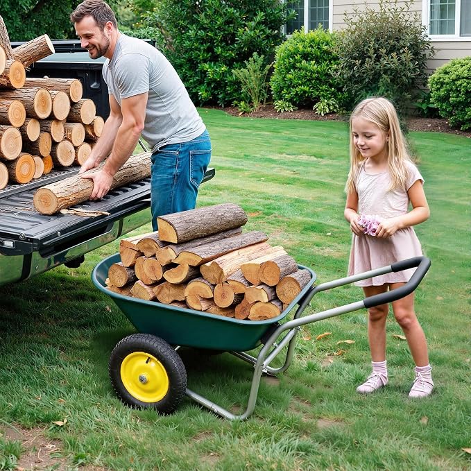 Autodaya Dual-Wheel Garden Cart, 14" Pneumatic Tires & Built-in Stand, 4.5 Cu Ft Utility Yard Wheelbarrow for Gardening, Soil, Construction, Easy Assembly