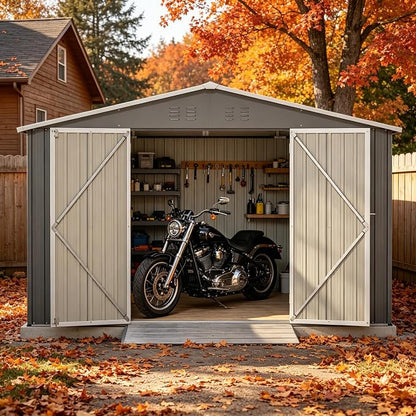 PVWIIK 10x8 FT Large Outdoor Metal Storage Shed, Heavy Duty Waterproof Steel Garden Tool Shed with Lockable Doors, Utility Storage Building for Backyard Patio Lawn Garden, Grey