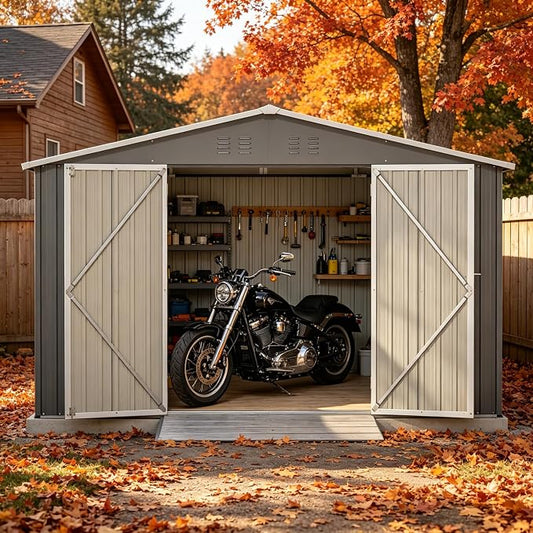 PVWIIK 10x8 FT Large Outdoor Metal Storage Shed, Heavy Duty Waterproof Steel Garden Tool Shed with Lockable Doors, Utility Storage Building for Backyard Patio Lawn Garden, Grey