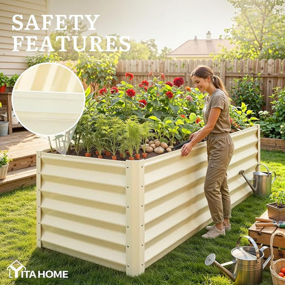 YITAHOME 6x3x3ft Large Raised Garden Bed Kit, Galvanized Metal Planter Box with Gloves, Support Rod, Outdoor Above Ground Planters for Plants Vegetables Flowers, Cream Yellow