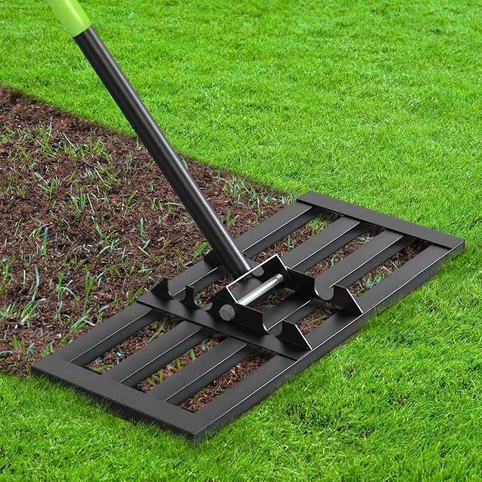 Seeutek Lawn Leveling Rake, 17" x 10" Heavy Duty Ground Leveler | with 0-180° Adjustable Handle, 6.5FT Steel Handle Lawn Leveler for Yard Garden Golf, Ease Level Soil Sand Dirt Surface