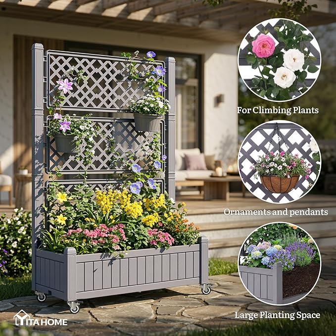 YITAHOME 3.6x1.5x5 FT Planter Box Trellis with Wheels, Large Outdoor Plastic Raised Garden Bed with Drain Plug for Climbing Plants, Light Brown