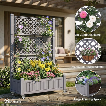 YITAHOME 43.3x17.7x61 in Planter Boxes Outdoor with Trellis, Resin Raised Garden Bed with Wheels & Drain Plug for Climbing Plants, Weather-Resistant Design Elevated Garden Bed with Trellis, Brown