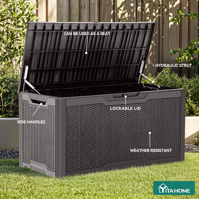 YITAHOME 100 Gallon Outdoor Storage Box | Large Water Resistant Resin Deck Box, Indoor Outdoor Lockable Storage Container for Patio, Garden, Cushions, Tools, Equipment
