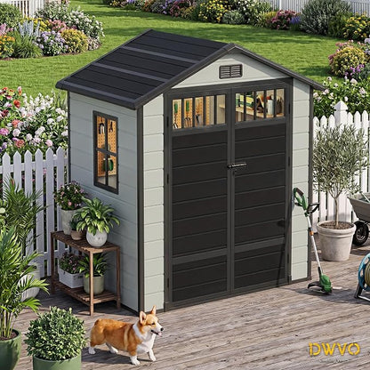 DWVO 6x4.4 FT Outdoor Storage Shed with Fence-Style and Side Windows, Lockable Door and Vents Resin Storage Shed for Garden, Backyard, Patio, Lawn
