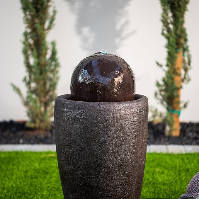 XBrand 25.98" H Brown Round Stone Indoor/Outdoor Modern Sphere Water Fountain with LED Lights – Ball Bubbling Fountain Décor for Garden, Patio, or Tabletop