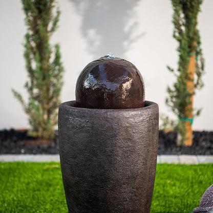 XBrand 25.98" H Brown Round Stone Indoor/Outdoor Modern Sphere Water Fountain with LED Lights – Ball Bubbling Fountain Décor for Garden, Patio, or Tabletop
