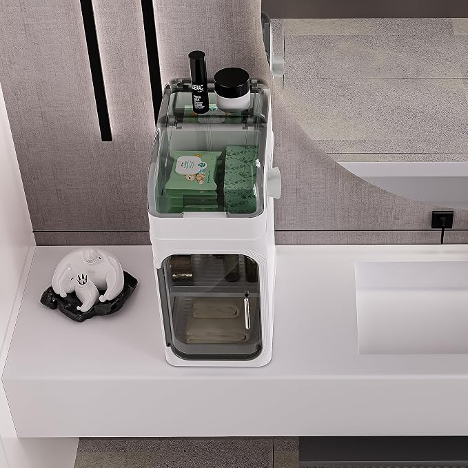 BINSIO 2-Tier Bathroom Counter Storage Cabinet, Slim Vanity Organizer with Clear Doors, Small Bathroom Storage Cabinet with Built-in Tissue Storage for Toiletries, Wipes and Bathroom Essentials