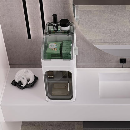 BINSIO 2-Tier Bathroom Counter Storage Cabinet, Slim Vanity Organizer with Clear Doors, Small Bathroom Storage Cabinet with Built-in Tissue Storage for Toiletries, Wipes and Bathroom Essentials