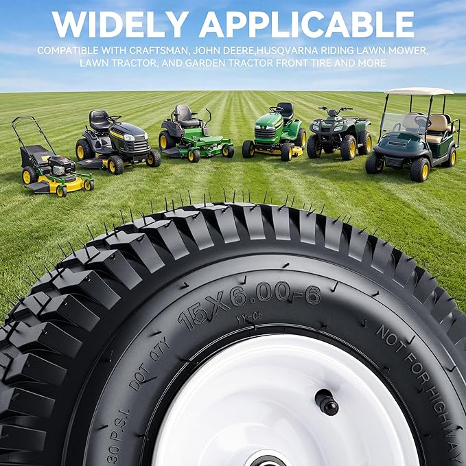 YITAMOTOR 15x6.00-6 Lawn Mower Tires & Wheel Assemblies, 4 Ply Pneumatic Front Tires Replacement Fits John Deere, Lawn Tractors, More Riding Mowers | 3" Centered Hub, 3/4" Bearings, 570LBS (Set of 2)