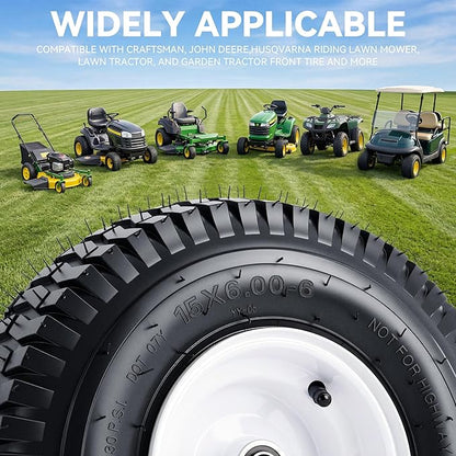 YITAMOTOR 15x6.00-6 Lawn Mower Tires & Wheel Assemblies, 4 Ply Pneumatic Front Tires Replacement Fits John Deere, Lawn Tractors, More Riding Mowers | 3" Centered Hub, 3/4" Bearings, 570LBS (Set of 2)