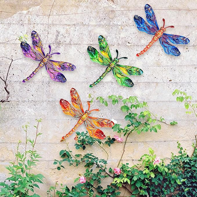 SUNREEK Metal Dragonfly Wall Decor - 9.6" Outdoor Fence Wall Art, Hanging Decorations for Garden Yard Patio Room Decorations, 4 Pack (Color-1)
