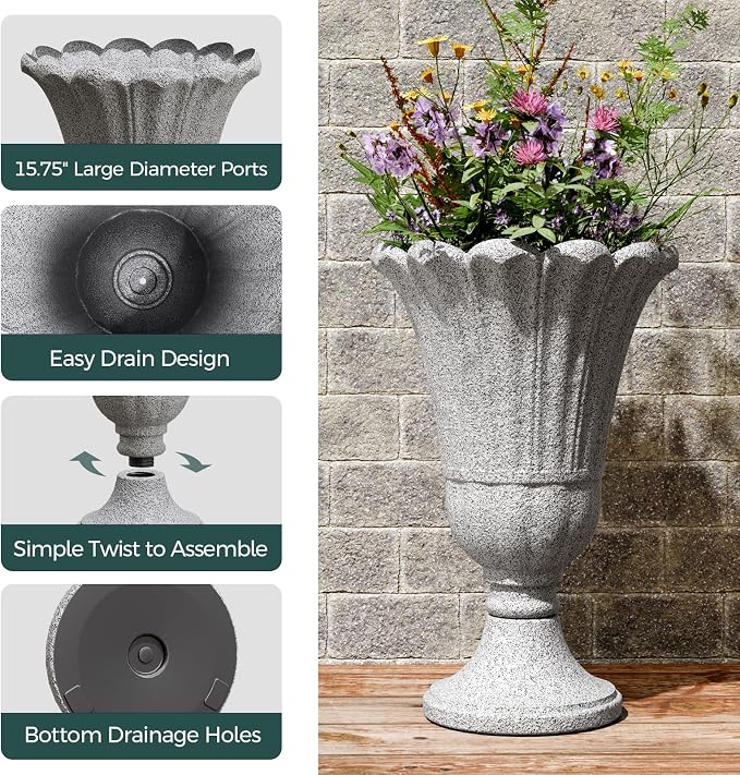 23.6" Tall Plastic Urn Planters for Outdoor Plants, Set of 2 Heavy-Duty Classic Indoor Large Flower Pots with Drainage Holes & Petal Design, Outdoor Planters for Porch, Home Garden, Grey