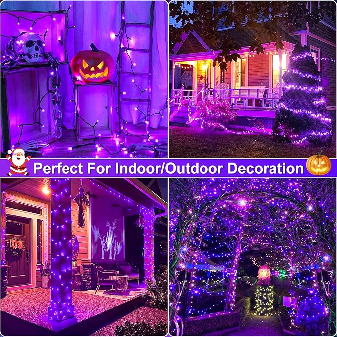 2 Pack Halloween Lights Outdoor, Total 200FT 600 LED Purple String Lights for Outside with 8 Modes Waterproof, Plug in Halloween Decorations Indoor for House Room Patio Garden Party Holiday