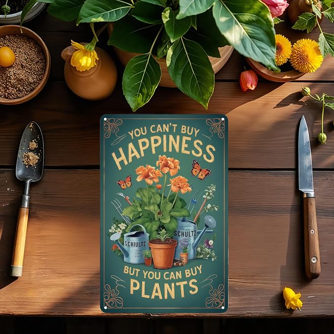 Funnysign Garden Gifts You Can't Buy Happiness But You Can Buy Plants Vintage Tin Sign for Home Garden Patio Yard Decor 8 X 12 Inch(3982)