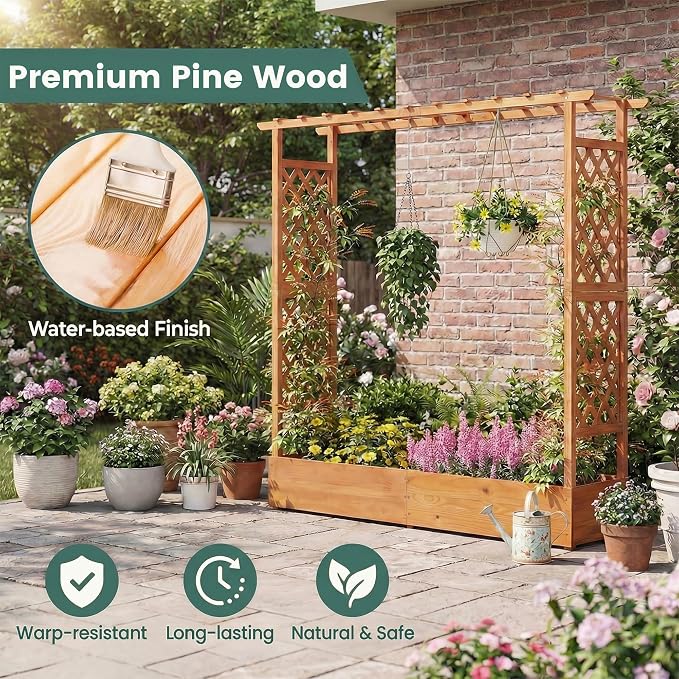 HAPPYGRILL Raised Garden Bed with Trellis, Freestanding Wood Planter Box w/Hanging Roof & Drainage Holes for Vine, Climbing Plants, Flowers, Outdoor Planter with Trellis for Garden, Patio, Yard (1)