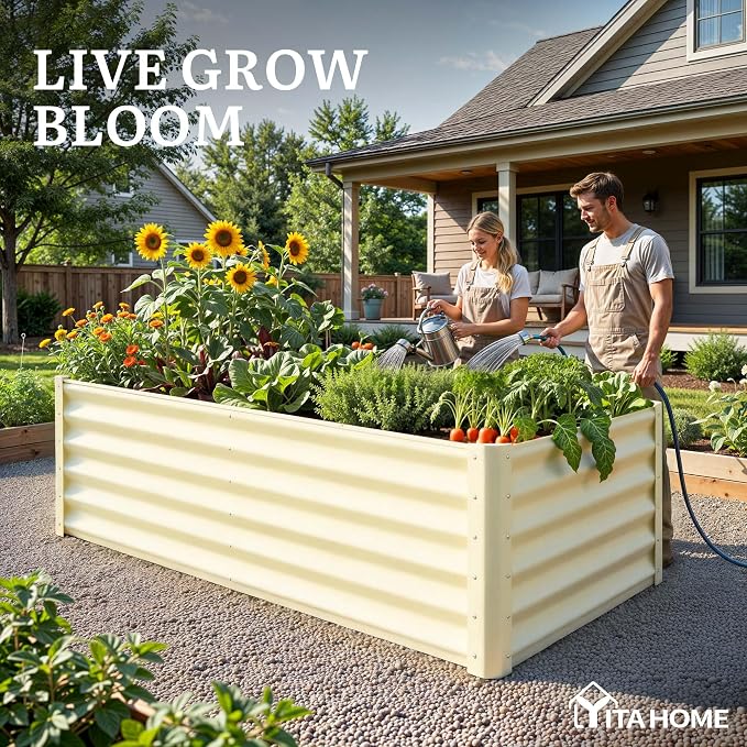 YITAHOME 6x3x3ft Large Raised Garden Bed Kit, Galvanized Metal Planter Box with Gloves, Support Rod, Outdoor Above Ground Planters for Plants Vegetables Flowers, Cream Yellow