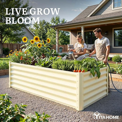 YITAHOME 6x3x3ft Large Raised Garden Bed Kit, Galvanized Metal Planter Box with Gloves, Support Rod, Outdoor Above Ground Planters for Plants Vegetables Flowers, Cream Yellow