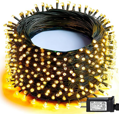 Dazzle Bright Christmas String Lights, 600 LED 196 FT Waterproof Green Wire String Lights with 8 Lighting Modes Timer, Christmas Decorations Outdoor for Party Yard Garden Xmas Tree Decor, Warm White