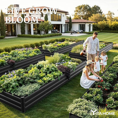 YITAHOME 12x4x1ft Galvanized Raised Garden Bed, Metal Planter Box with Safety Rubber, Gloves, Outdoor Flower Bed for Planting Plants Vegetables, Black