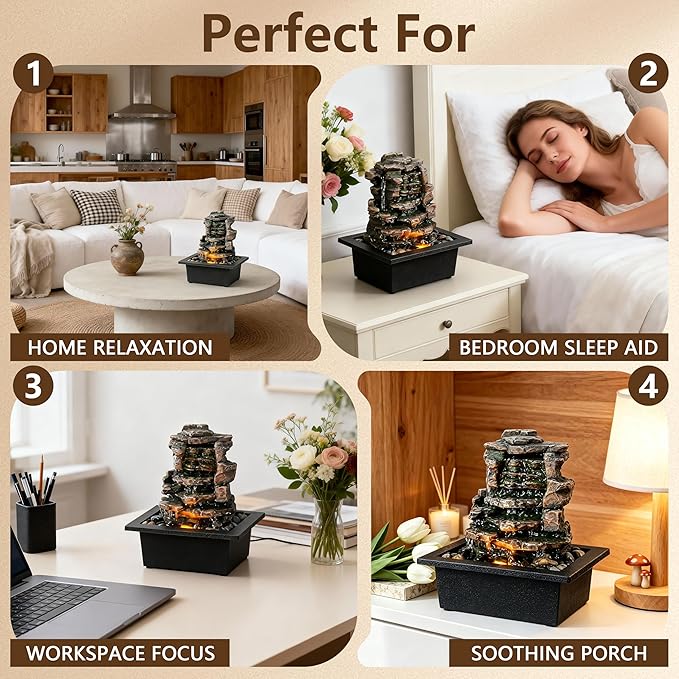 GOSSI Meditation Waterfall Fountain with LED Lights, Indoor Tabletop Water Fountain Decorated with Natural River Rocks, Office & Home Relaxation Decor, Christmas Decoration