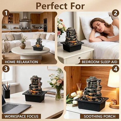 GOSSI Meditation Waterfall Fountain with LED Lights, Indoor Tabletop Water Fountain Decorated with Natural River Rocks, Office & Home Relaxation Decor, Christmas Decoration