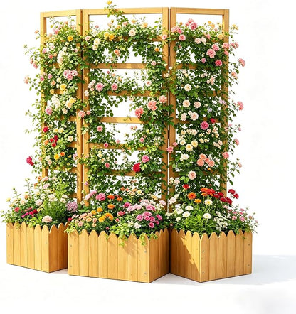 Outdoor Privacy Screen with Planter Box, 3-Panel Folding Wooden Trellis Planter, Freestanding Raised Bed for Climbing Plants, Solid Wood Divider with Drain Holes for Patio, Balcony & Backyard