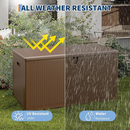 IDEALHOUSE 150 Gallon Resin Deck Box, Waterproof Outdoor Storage Box with Lockable Lid & UV Resistant, Patio Furniture Cushion Storage Container for Garden, Backyard, Poolside (Brown)