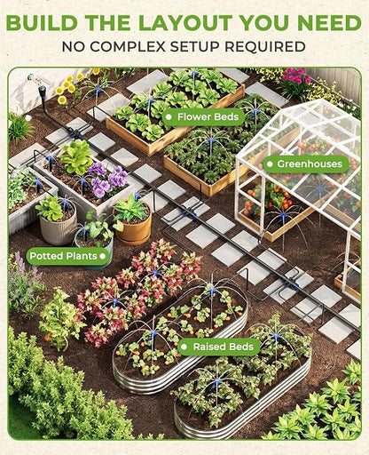 HIRALIY 100FT Drip Irrigation Kit with Timer, Quick-Connect Garden Watering System with 80FT 1/4" Tubing, 20FT Main Hose, 24 Adjustable Drippers for Raised Beds, Lawn & Greenhouse
