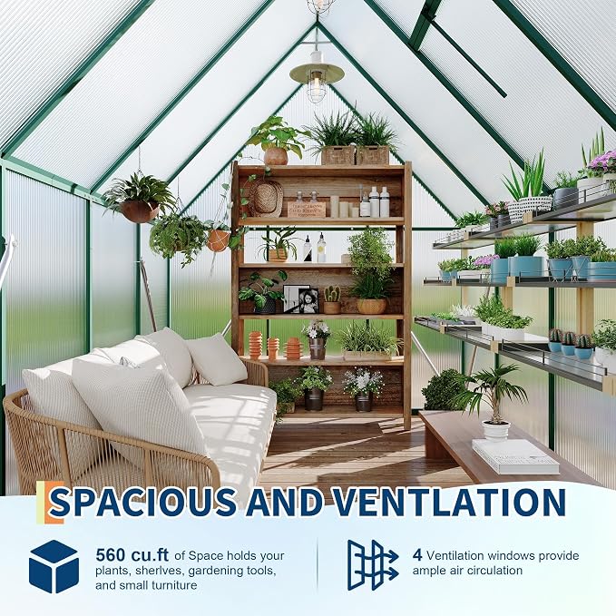 CABIHOME 6x7 FT Outdoor Greenhouse, Polycarbonate Greenhouse with Roof Vent and Ground Nails, Aluminum Large Walk-in Green House w/ Lockable Push Door for Outdoor Garden (Olive, 6x7 FT)