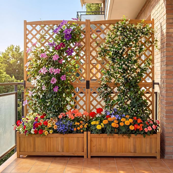 HAPPYGRILL Raised Garden Bed with Trellis, 71" Planter Raised Bed with Drainage Holes, Freestanding Garden Planter for Vine Climbing Plants, Wooden Planter Box for Yard Balcony(2, Yellow)