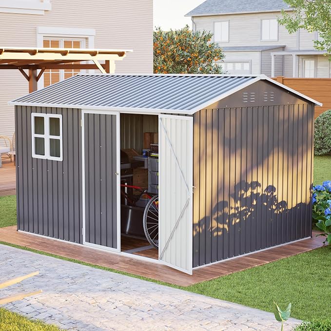 YOPTO 10x8 FT Large Outdoor Storage Shed with Window, 2 Lockable Doors & Sloped Roof, Heavy Duty Metal Tool Shed for Garden, Patio, Backyard, Lawn, Dark Gray