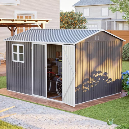 YOPTO 10x8 FT Large Outdoor Storage Shed with Window, 2 Lockable Doors & Sloped Roof, Heavy Duty Metal Tool Shed for Garden, Patio, Backyard, Lawn, Dark Gray
