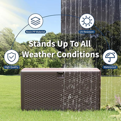 Garvee 73 Gallon Waterproof Large Resin Deck Box Indoor Outdoor, Lockable Storage Container for Patio Furniture Tools, Waterproof Deck Box Patio Storage Bin for Pool Garden, Brown