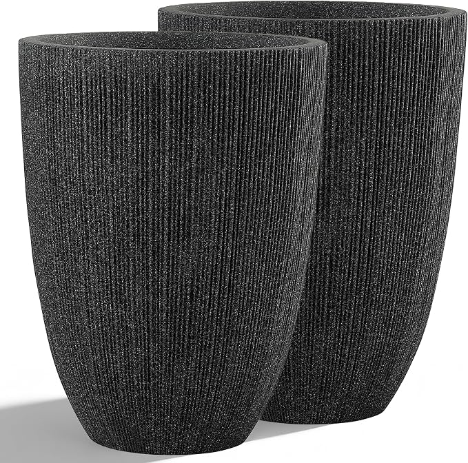 19" Black Concrete-Look Resin Tall Planters with Fluted Texture | Set of 2 resin tall planters with black fluted texture, drainage holes, and UV-resistant finish for porch or patio