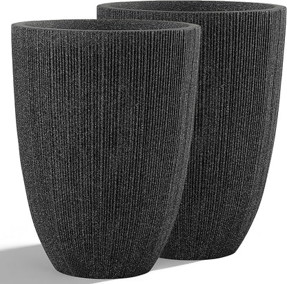 19" Black Concrete-Look Resin Tall Planters with Fluted Texture | Set of 2 resin tall planters with black fluted texture, drainage holes, and UV-resistant finish for porch or patio