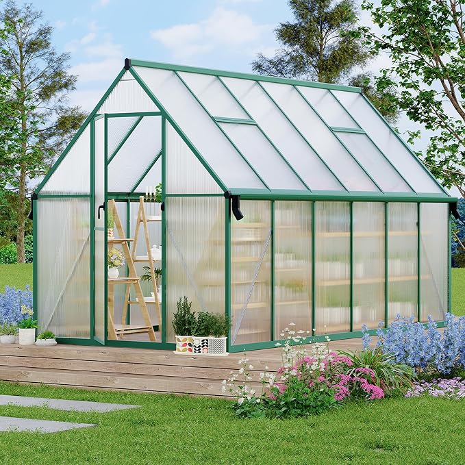 GarveeLife 8X12FT Polycarbonate Greenhouse with Aluminum Frame, Polycarbonate Greenhouse for Outdoors, Greenhouses with Ventilation and Rain Gutter, Aluminum Large Walk-in Greenhouses for Outside