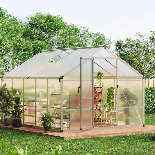 Greenhouse, 8x10 Ft Outdoor Greenhouses, Greenhouse Kit, Portablee Greenhouses with Ground Nails and Vent Windows, Sliding Lockable Door, Polycarbonate Green House for Outside Garden Backyard, White