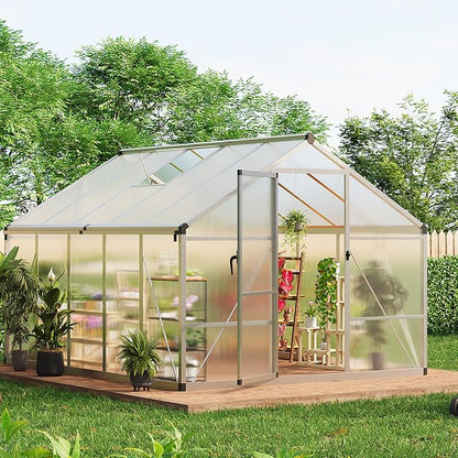 8x10 ft Walk-in Greenhouse, Polycarbonate Panels with Reinforced Aluminum Frame, Large Garden Green House for Planting and Seed Starting, Quick-Assembly Structure with Adjustable Roof Vent