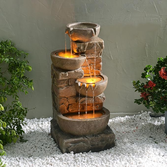 Teamson Home 33.27" Cascading Bowls & Stacked Stones LED Water Fountain for Outdoor Living Spaces, Brown | LED Lights, Cascading Bowls & Stacked Stones, Polyresin, For Patio, Garden, Balcony, Lawn, Yard