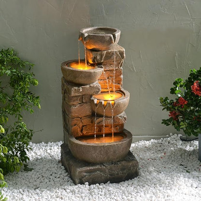 Teamson Home 33.27" Cascading Bowls & Stacked Stones LED Water Fountain for Outdoor Living Spaces, Brown | LED Lights, Cascading Bowls & Stacked Stones, Polyresin, For Patio, Garden, Balcony, Lawn, Yard