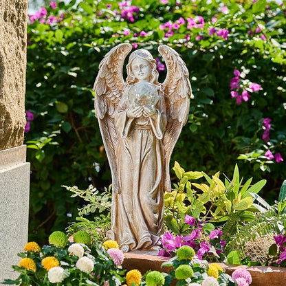 TERESA'S COLLECTIONS Large Angel Garden Statues with Solar Outdoor Light for Outdoor Decor, Fairy Figurine Resin with Wing & Glass Ball for Garden Decor, Yard Decor Lawn Ornament Gifts for Mom, 23"